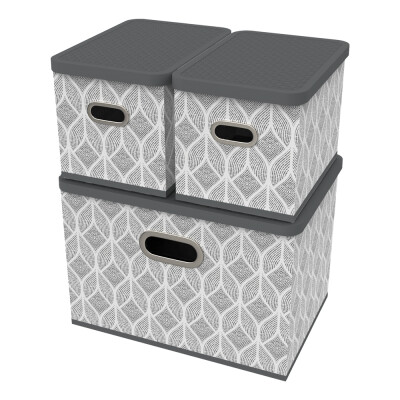 Úložný box s víkem sada 3 ks - list šedo-bílá