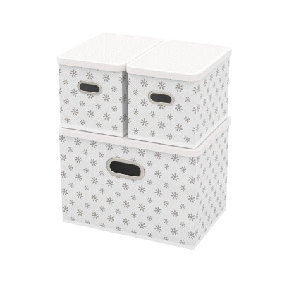 Úložný box s víkem sada 3 ks - bílá kytičky