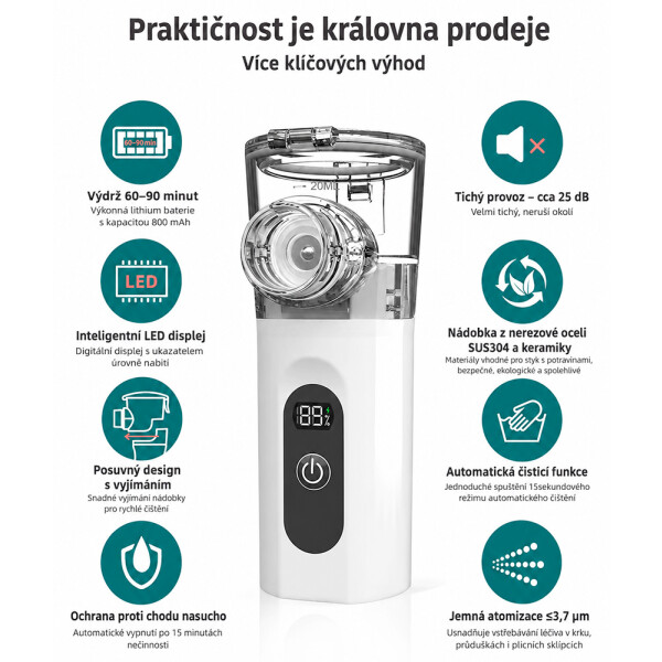 Wellife Přenosný ultrazvukový inhalátor s digitálním displejem TZ-W12 – nebulizér