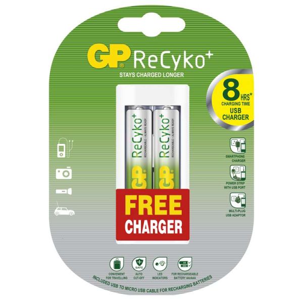 GP Batteries Nabíječka baterií + 2 ks GP NiMH ReCyko+ AA, 2 000 mAh + USB adaptér do auta